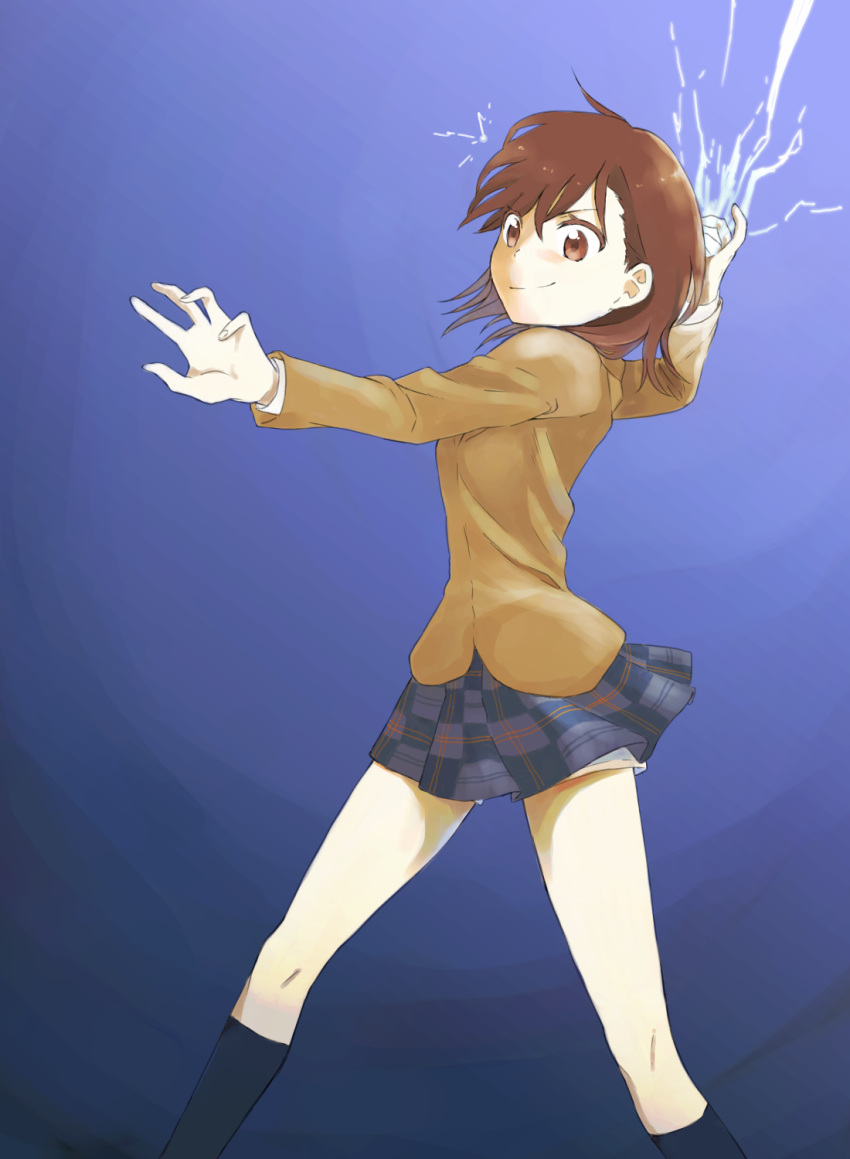 brown_eyes, brown_hair, electricity, highres, iwashi_(msr_rgb), misaka_mikoto, school_uniform, skirt
