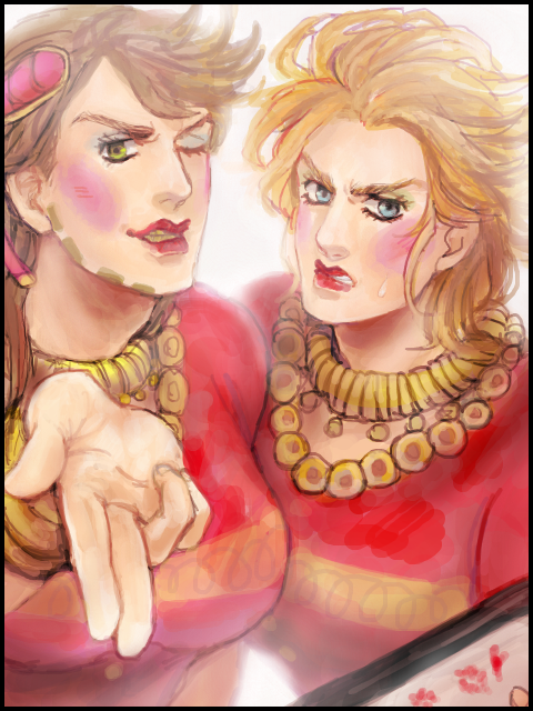 2boys, beard, blonde_hair, blue_eyes, blush, brown_hair, crossdressinging, facial_hair