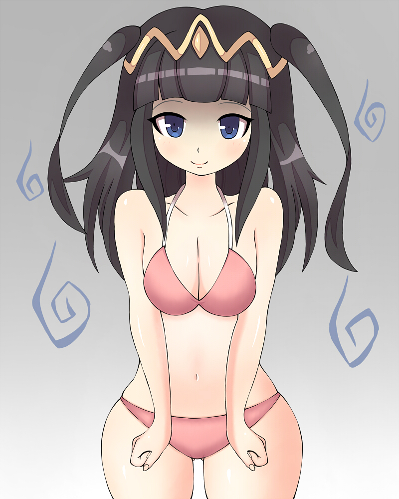 1girl, bikini, black_hair, blue_eyes, breasts, cleavage, cute, fire_emblem