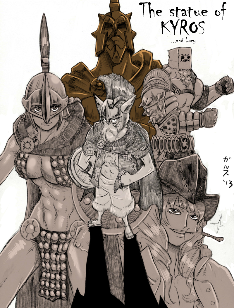 1girl, 2013, 4boys, abs, armor, bag, beard, bikini_armor, breasts, cape, cavendish, character_name, cleavage, cowboy_hat, disguise, eating, elbow_pads, english, facial_hair, fake_beard, fighting_stance, flower, fur_trim, garththedestroyer, gladiator, gloves, hat, hawaiian_shirt, helmet, jesus_burgess, kyros, long_hair, monkey_d_luffy, monochrome, multiple_boys, multiple_monochrome, navel, one_piece, open_clothes, open_shirt, paper_bag, plume, rebecca_(one_piece), sandals, scar, shield, shorts, signature, spaulders