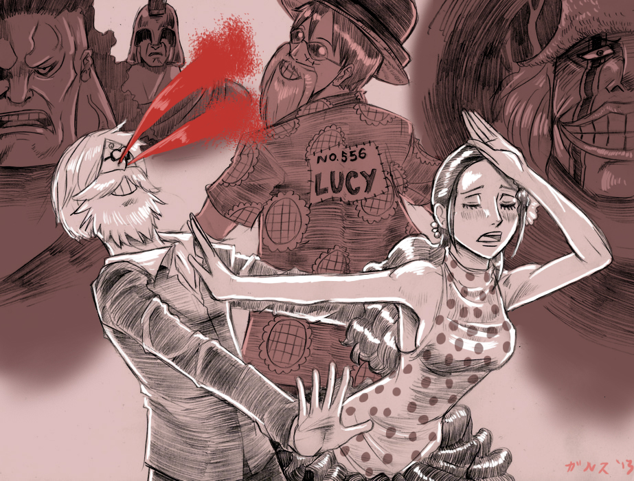 1girl, 2013, 5boys, blood, breasts, diamante, dress, earrings, facial_tattoo, fake_beard, formal, garththedestroyer, gladiator, grin, hair_over_one_eye, hat, hawaiian_shirt, heart, heart_eyes, helmet, jewelry, long_hair, monkey_d_luffy, monochrome, multiple_boys, multiple_monochrome, nosebleed, one_piece, polka_dot, polka_dot_dress, ponytail, sanji, scar, short_hair, signature, smile, spartan_(one_piece), spot_color, suit, sunglasses, tattoo, viola_(one_piece)