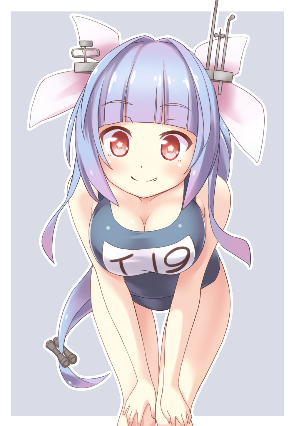 1girl, blue_hair, breasts, cleavage, fang, hair_ornament, hair_ribbon, highres, i-19_(kantai_collection), kantai_collection, long_hair, mira_(19900711), name_tag, one-piece_swimsuit, personification, red_eyes, ribbon, school_swimsuit, smile, solo, star, star-shaped_pupils, swimsuit, symbol-shaped_pupils, twintails