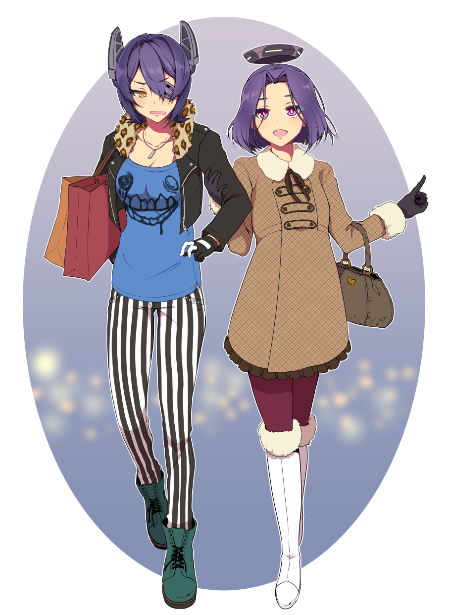 2girls, alternate_costume, bag, blush, boots, breasts, coat, eyepatch