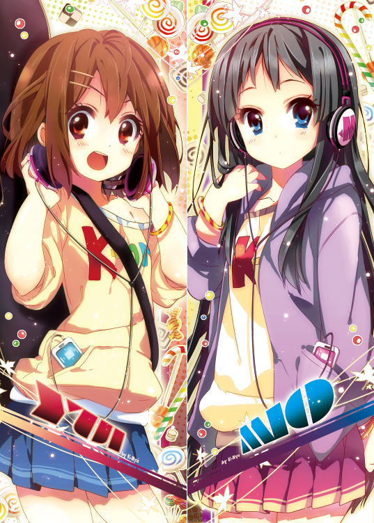 2girls, akiyama_mio, black_hair, blue_eyes, brown_eyes, brown_hair, casual, cellphone