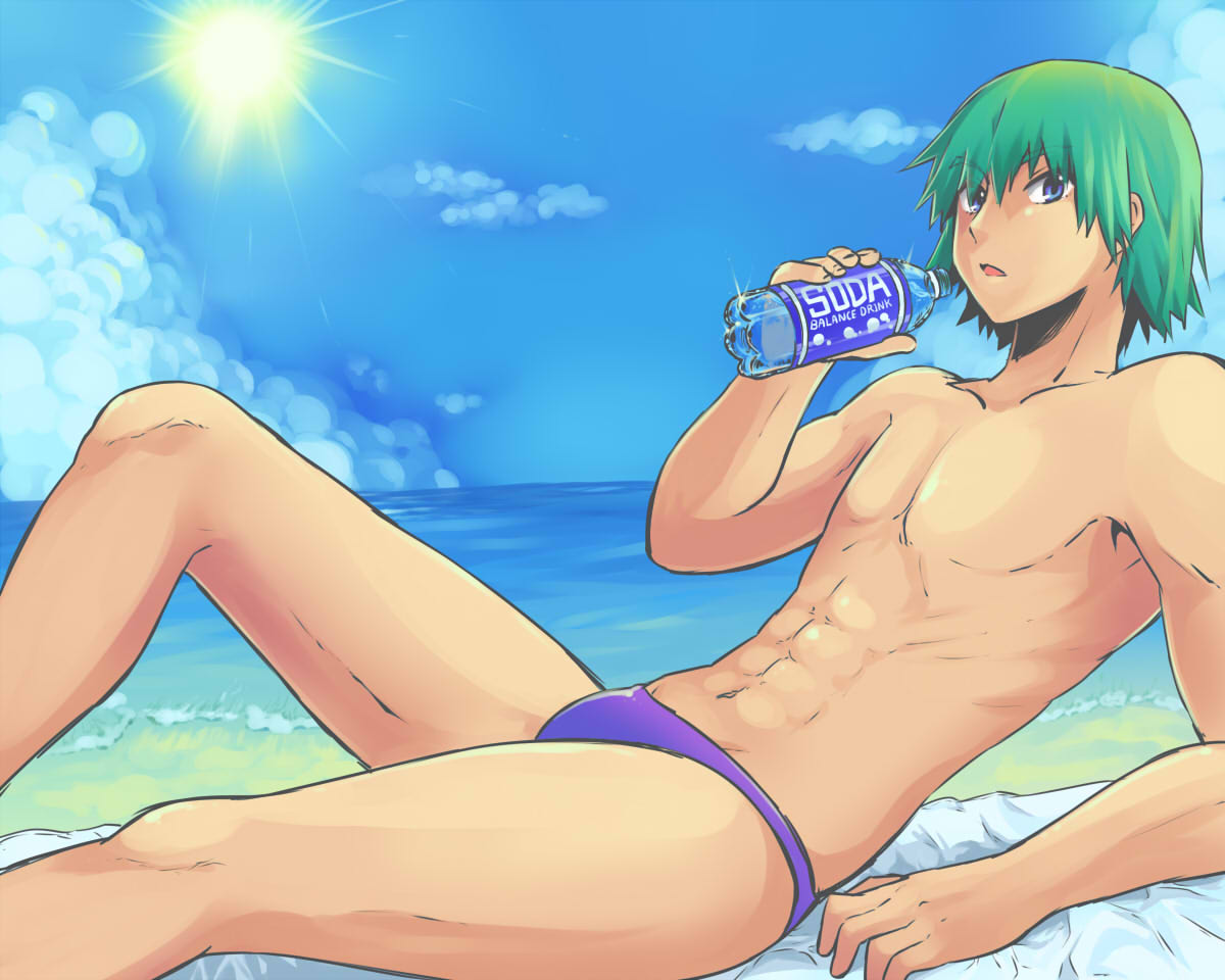 1boy, abs, blue_eyes, bottle, green_hair, male, sam_(umi_monogatari), sekaiisan, sun, swim_briefs, swimsuit, umi_monogatari