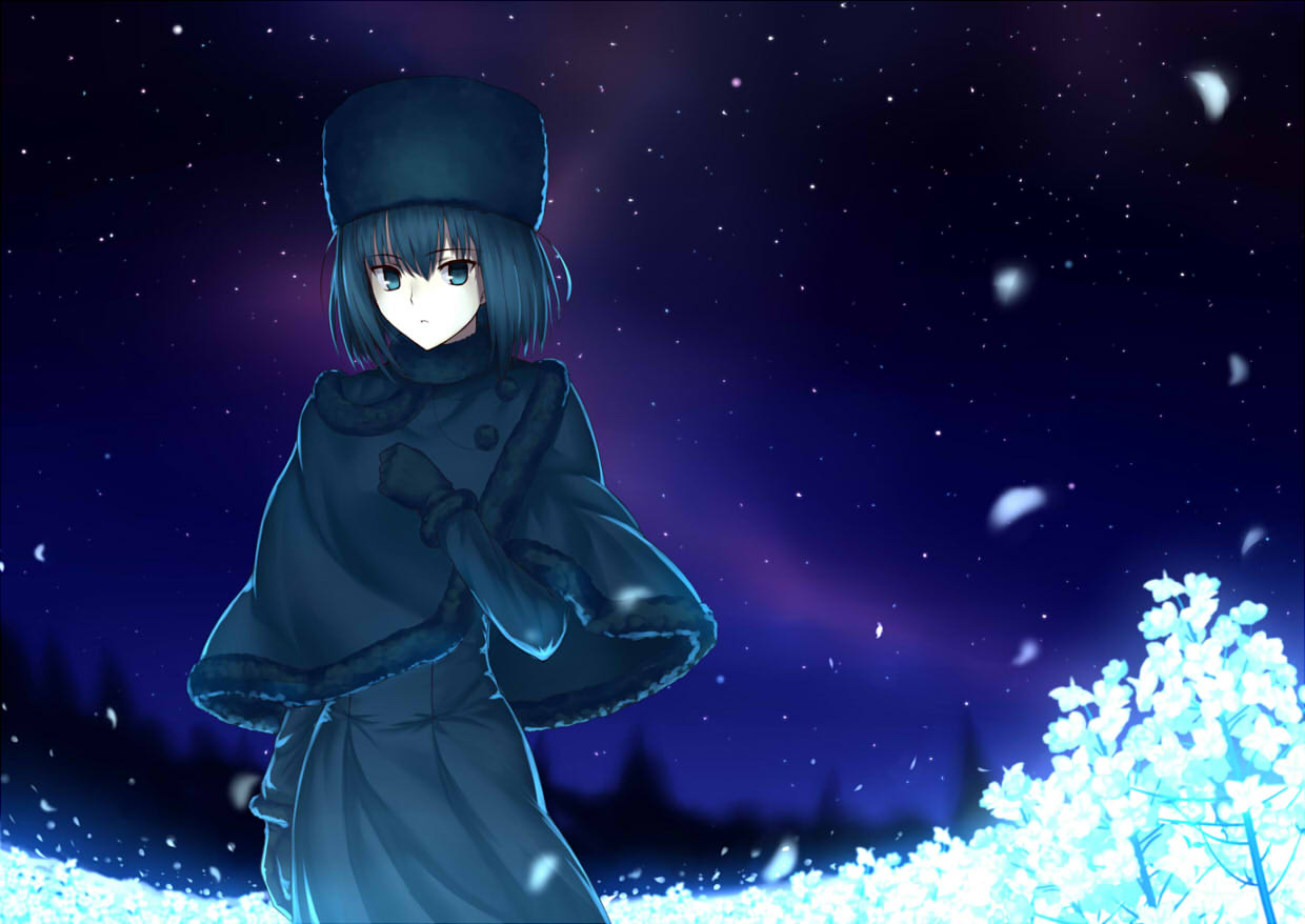 1girl, aurora, black_hair, capelet, dress, flower, frown, fur_hat, fur_trim, gloves, green_eyes, hat, kotera_ryou, kuonji_alice, mahou_tsukai_no_yoru, petals, solo, type-moon