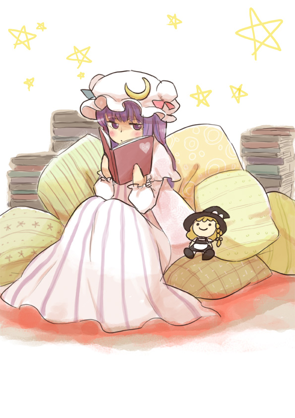 blush, book, character_doll, eeyasu, kirisame_marisa, patchouli_knowledge, pillow, reading