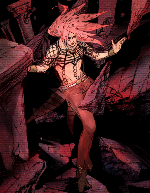 1boy, aonekonbu, diavolo, jojo_no_kimyou_na_bouken, long_hair, pink_hair, pose, red, red_pants, ruins, solo, white_belt