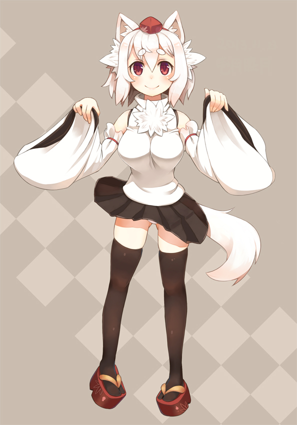 1_mutsuki, 1girl, animal_ears, black_legwear, blush, breasts, detached_sleeves, hat