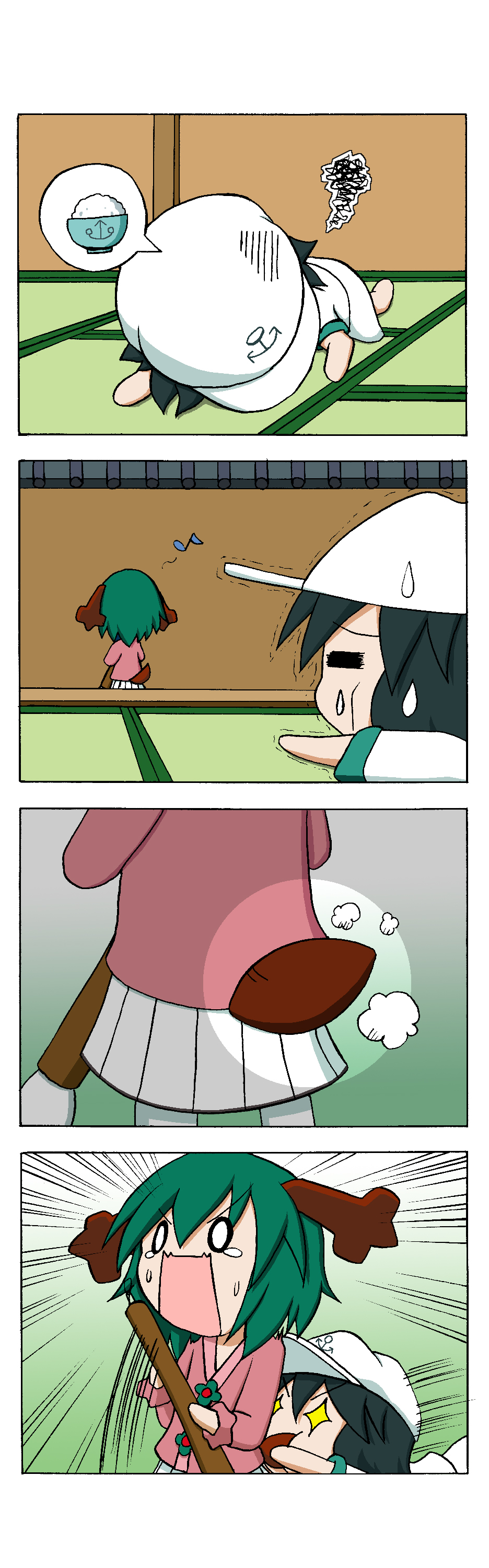 2girls, 4koma, absurdres, animal_ears, biting, chibi, comic, green_hair