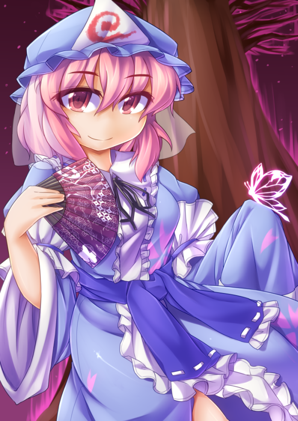 1girl, breasts, butterfly, fan, folding_fan, fun_bo, hat, japanese_clothes