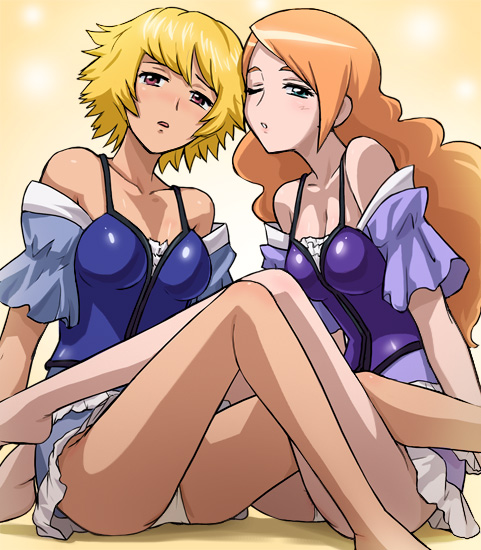 bare_shoulders, blonde_hair, blush, brown_eyes, brown_hair, fresh_precure!, fresh_pretty_cure!, futari_wa_pretty_cure, haruyama, legs, long_hair, multiple_girls, nana_(fresh_precure!), orange_hair, precure, reika_(fresh_precure!), short_hair, upskirt, wink