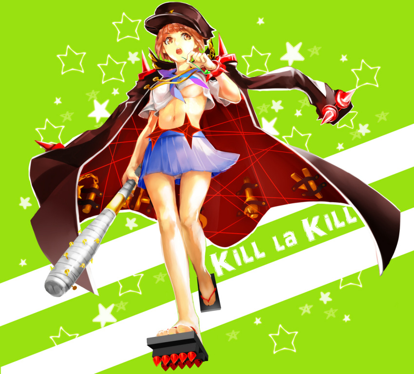 1girl, areno, baseball_bat, breasts, brown_eyes, brown_hair, coat_on_shoulders, hat, kill_la_kill, mankanshoku_mako, midriff, nail, nail_bat, navel, sandals, school_uniform, serafuku, short_hair, skirt, solo, star, under_boob, walking