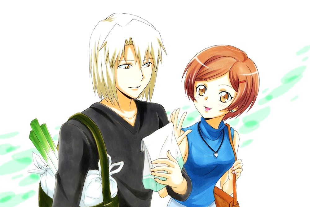 1boy, 1girl, ashiya_shirou, bag, bare_arms, bare_shoulders, black_shirt, blonde_hair