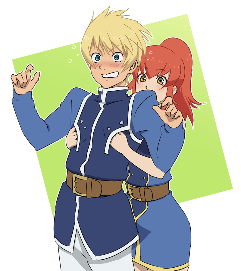 1girl, blonde_hair, blue_eyes, blush, chastel_aiheap, flynn_scifo, hanosuke, ponytail