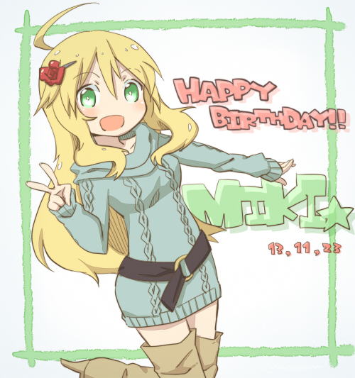1girl, ahoge, belt, blonde_hair, flower, green_eyes, hair_ornament, happy_birthday, hoshii_miki, idolmaster, long_hair, mowahu, smile, solo, sweater, thigh_boots, thighhighs, v