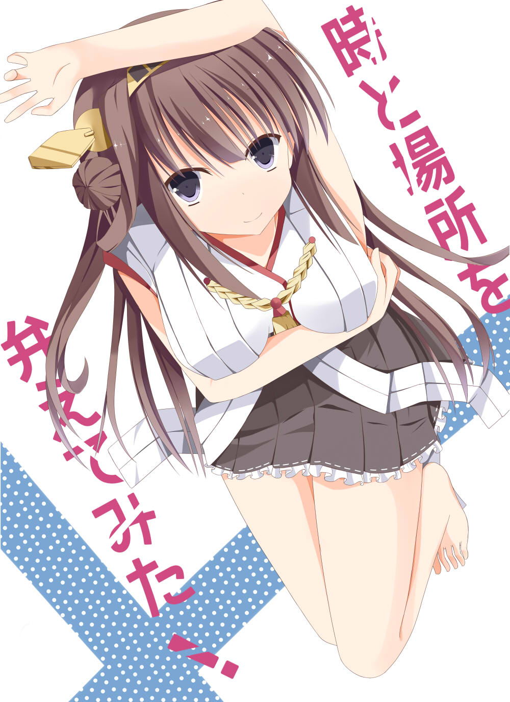 1girl, bare_arms, barefoot, blue_eyes, breasts, brown_hair, detached_sleeves, double_bun