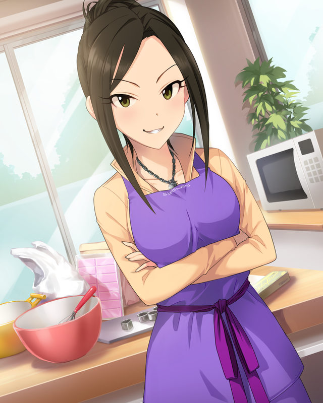 1girl, apron, black_hair, chocolate, chocolate_making, crossed_arms, dutch_angle, food