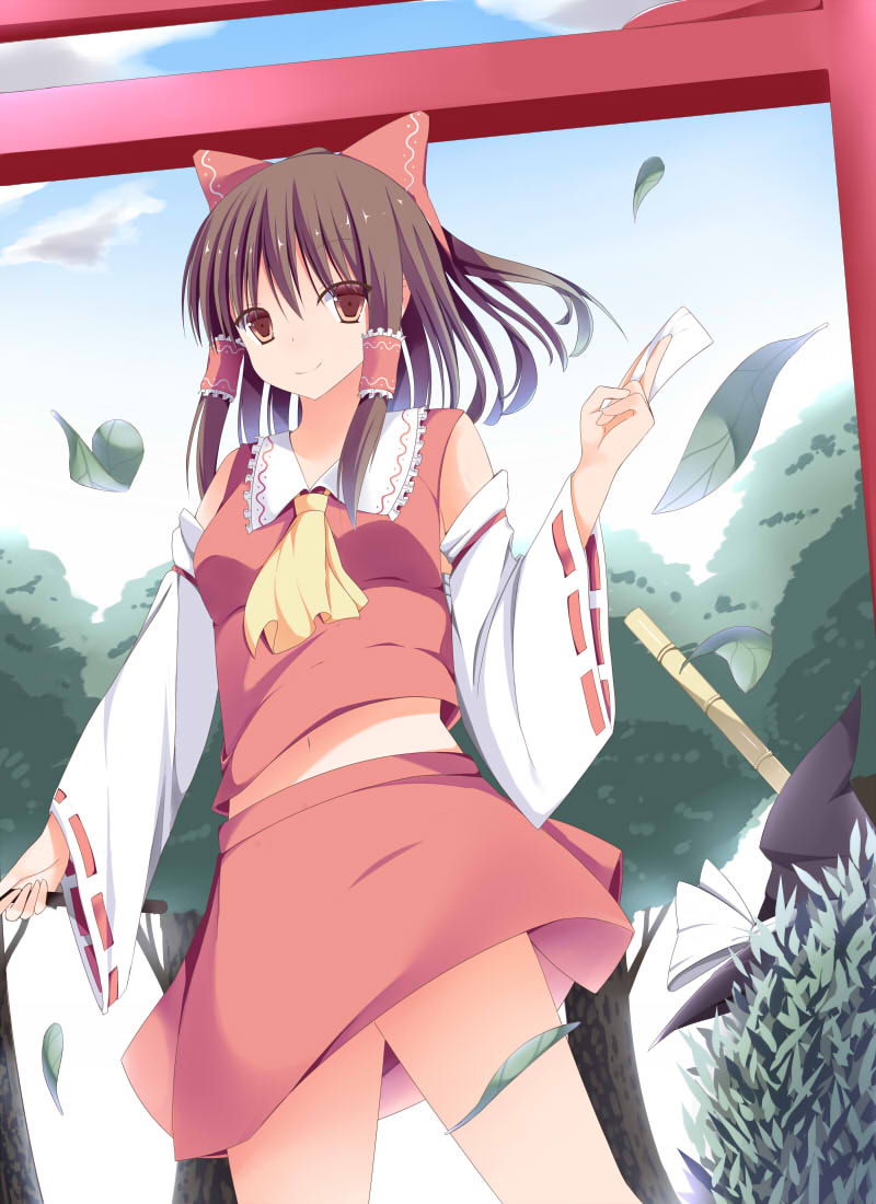 1girl, bow, brown_eyes, brown_hair, detached_sleeves, hair_bow, hair_tubes, hakurei_reimu