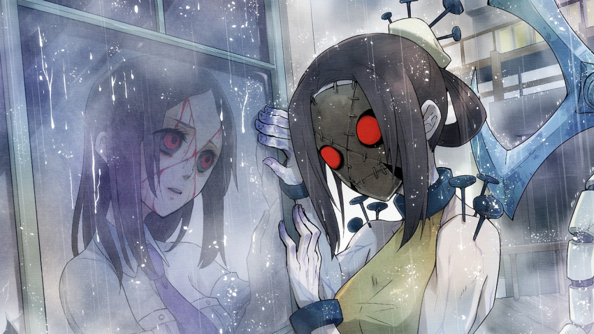 artist_request, black_sclera, blade, blood, breasts, brown_hair, carol_(skullgirls), hair_ornament, hair_rings, mask, mirror_opposites, moa810, nail, necktie, painwheel_(skullgirls), pale_skin, rain, red_eyes, school_uniform, shackle, short_hair, skullgirls, veins, wet, window