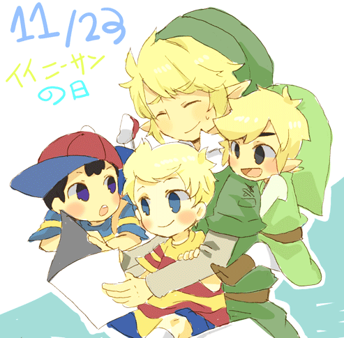 black_eyes, black_hair, blonde_hair, blue_eyes, hat, link, lowres, lucas