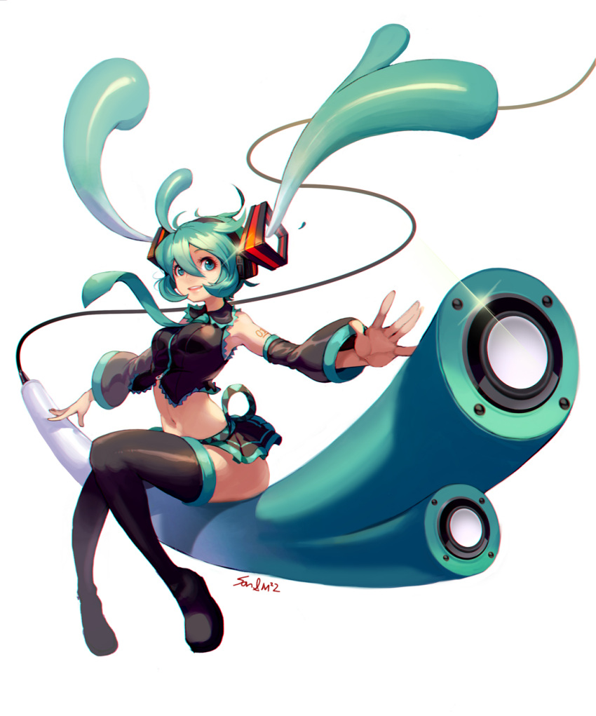 1girl, aqua_eyes, aqua_hair, boots, detached_sleeves, floating_hair, hatsune_miku, highres