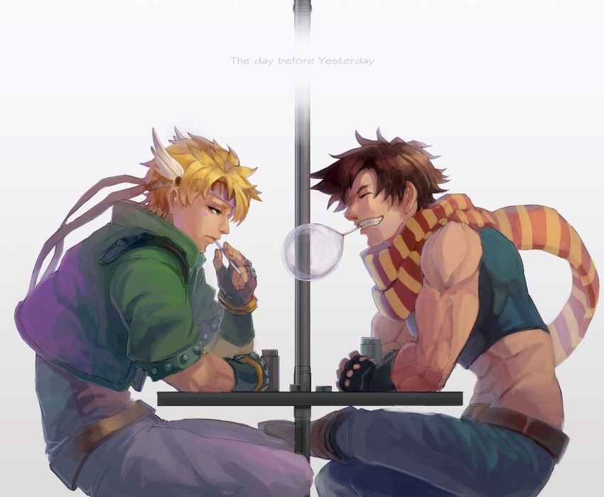 2boys, blonde_hair, brown_hair, bubble_blowing, caesar_anthonio_zeppeli, facial_mark, fingerless_gloves, gloves