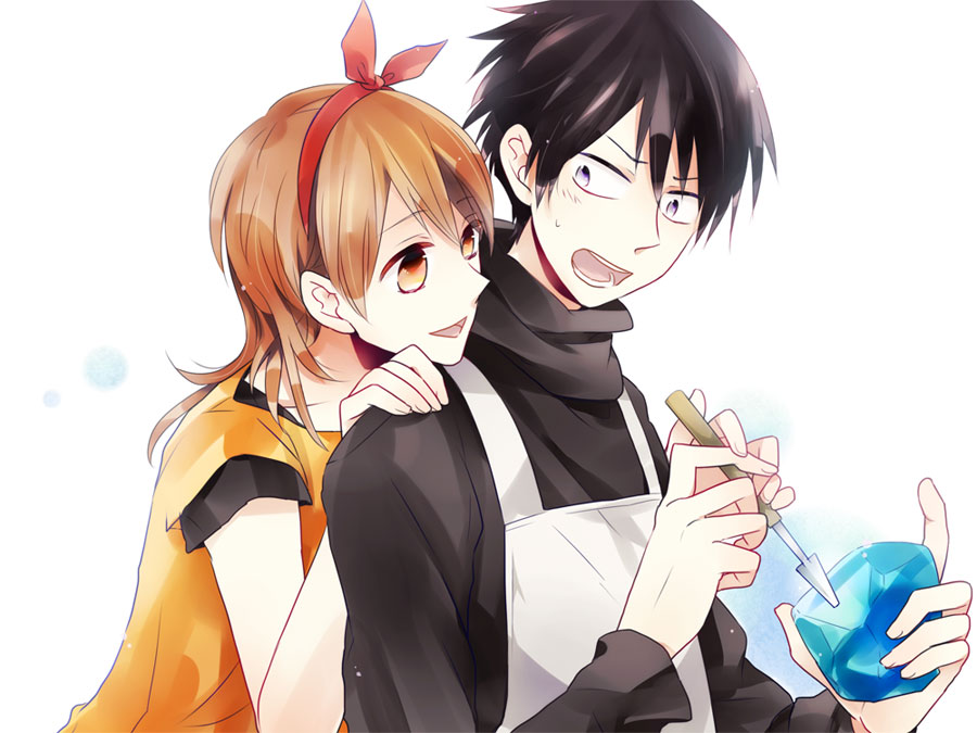 1boy, 1girl, apron, brown_eyes, brown_hair, kanzaki_shiori, kirisame_ga_furu_mori, natsumi_(ragtime)