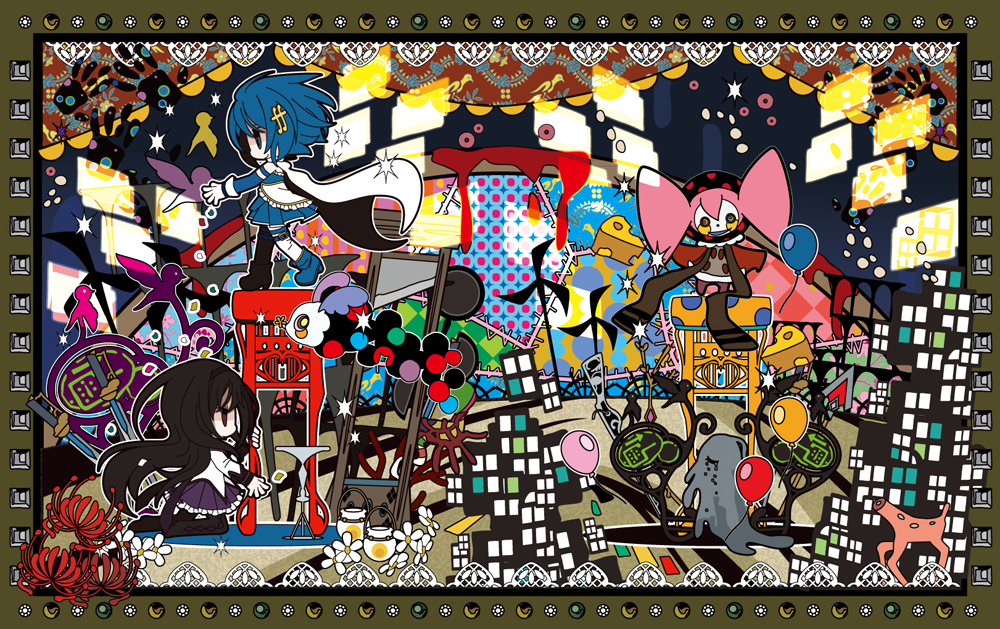 2girls, akemi_homura, argyle, argyle_legwear, armband, balloon, black_hair, blue_eyes
