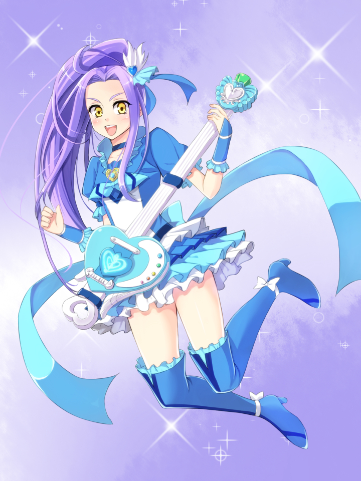 1girl, arm_warmers, blue_legwear, boots, brooch, choker, cure_beat, dress