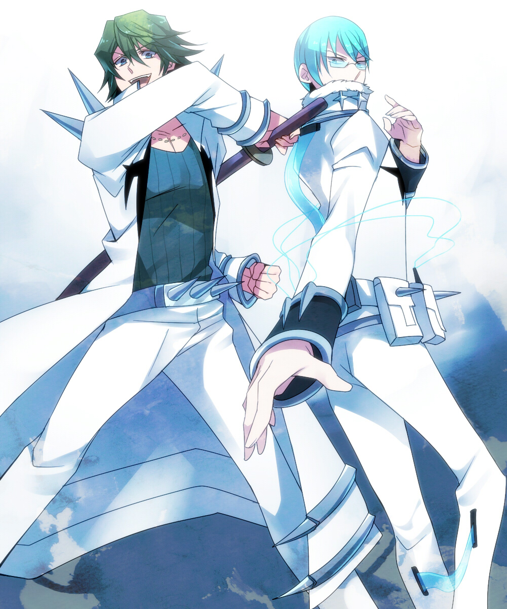 2boys, blue_hair, green_hair, highres, inumuta_houka, kill_la_kill, long_coat, mojya