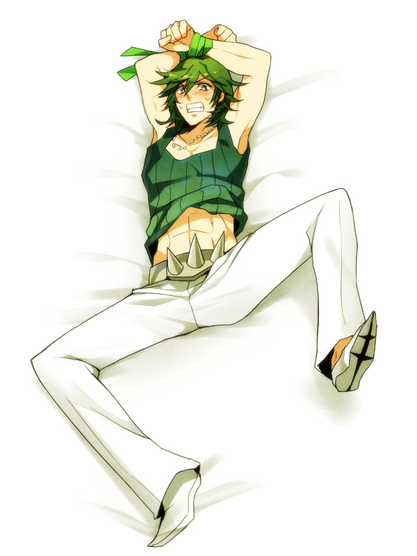1boy, abs, belt, blush, dakimakura, green_hair, jewelry, kill_la_kill
