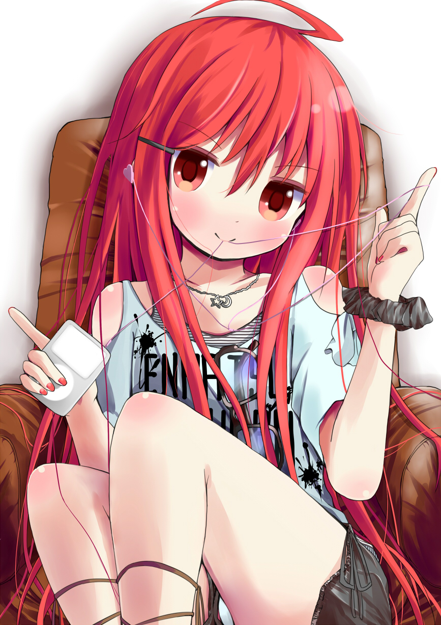 1girl, ahoge, casual, couch, digital_media_player, earphones, highres, ipod, long_hair, mouth_hold, mugichoko_(mugi_no_choko), red_eyes, redhead, shakugan_no_shana, shana, sunglasses_off