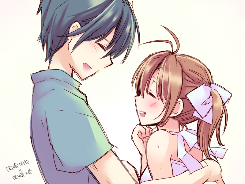 1boy, 1girl, blue_hair, brown_eyes, brown_hair, clannad, closed_eyes, couple