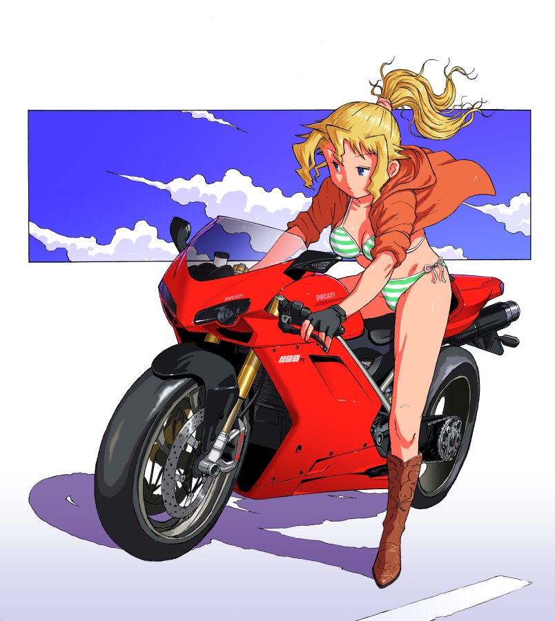 1girl, bikini, blonde_hair, blue_eyes, boots, cindy_campbell, hooded_jacket, hoodie