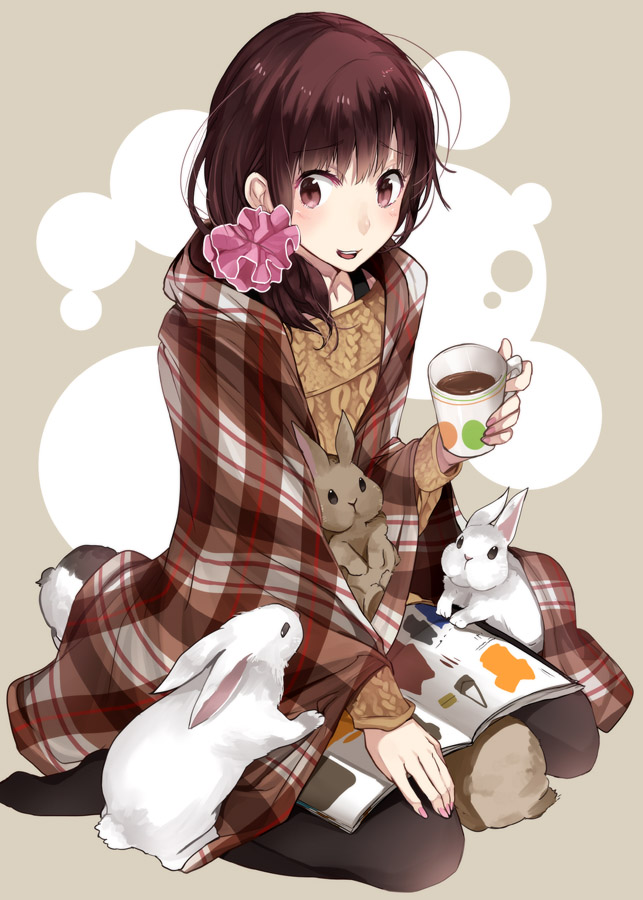 1girl, blanket, brown_eyes, brown_hair, coffee, cup, kgr, long_hair