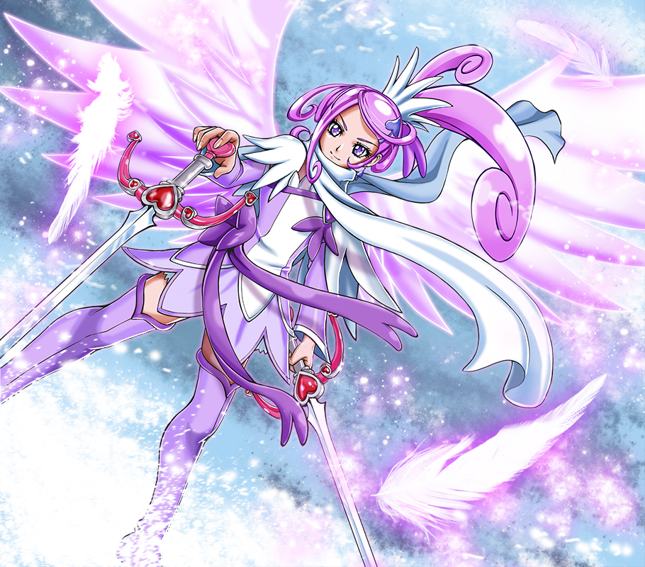 1girl, asymmetrical_clothes, boots, cure_sword, dokidoki!_precure, dress, dual_wielding, dutch_angle, earrings, el_blanco, feathers, hair_ornament, hairclip, half_updo, jewelry, kenzaki_makoto, ponytail, precure, purple, purple_dress, purple_hair, purple_legwear, ribbon, scarf, short_hair, smile, snow, solo, sword, thigh_boots, thighhighs, violet_eyes, weapon, wings