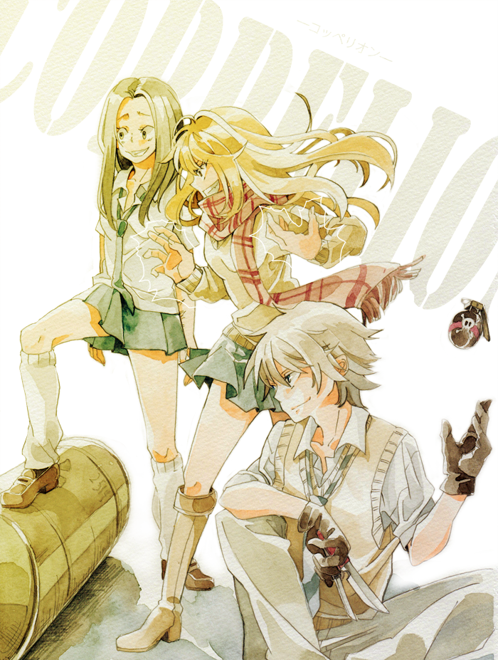 1boy, 2girls, ban_bu, blonde_hair, coppelion, explosive, gloves, grenade