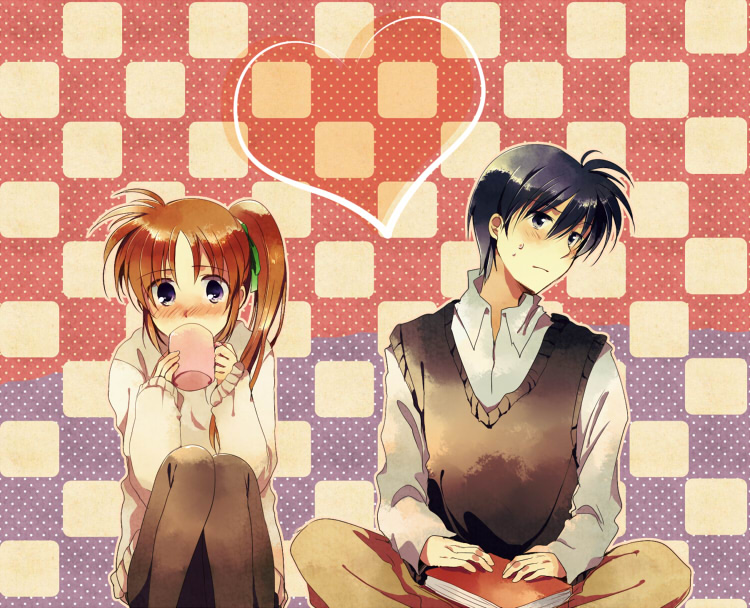 1boy, 1girl, blue_eyes, blue_hair, blush, brown_hair, chrono_harlaown, cup