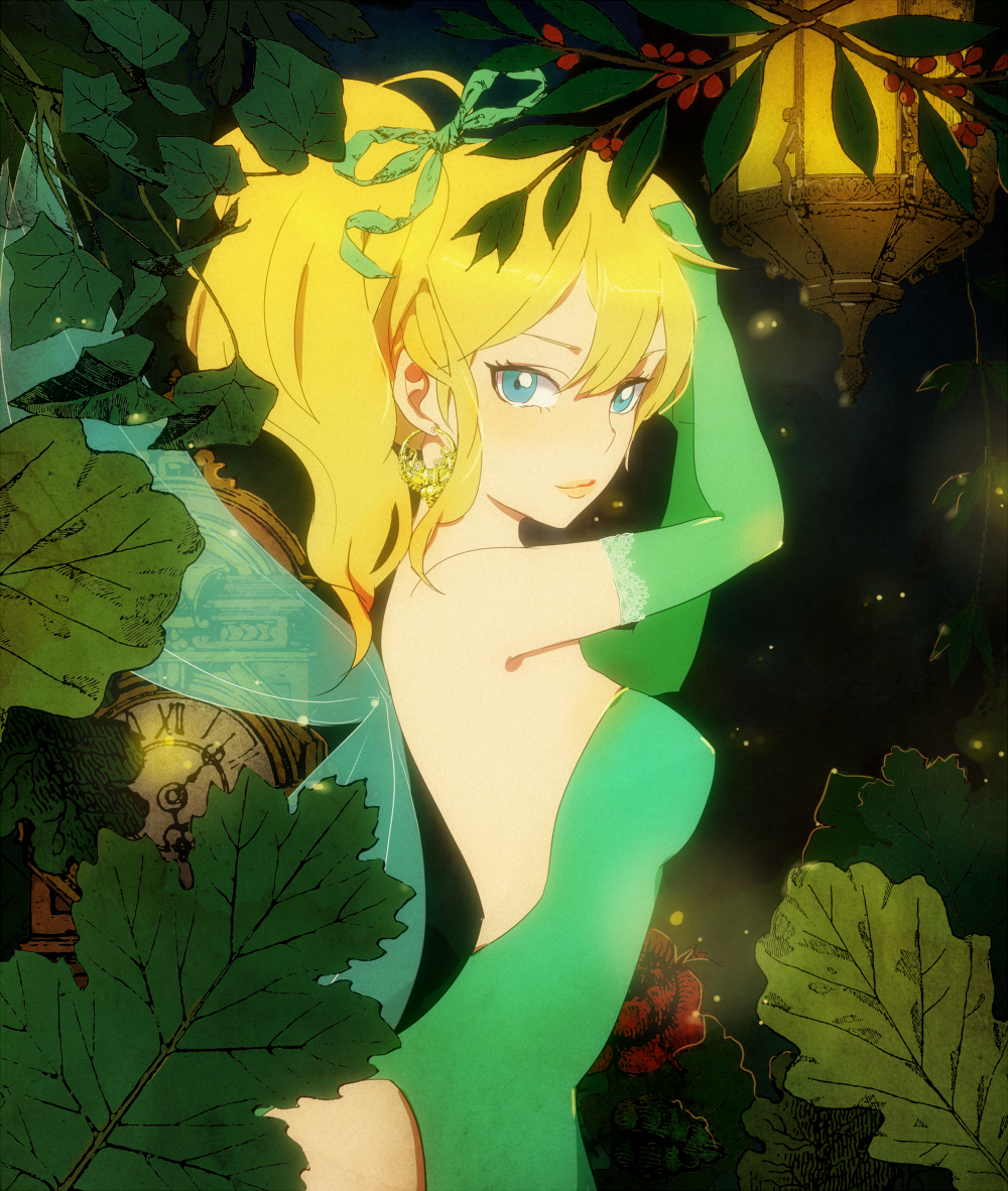 1girl, armpits, asdge23, bangs, bare_shoulders, blonde_hair, blue_eyes, bow, earrings, ears, elbow_gloves, evening_gown, eyelashes, fairy, fairy_wings, flower, gloves, glowing, hair_bow, hair_ornament, jewelry, leaf, looking_at_viewer, nose, payot, ponytail, solo, tinkerbell, wings