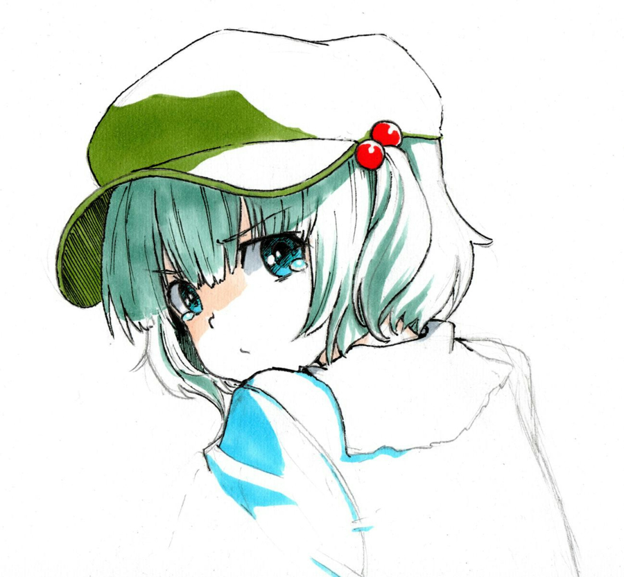 1girl, aqua_eyes, green_hair, hair_bobbles, hair_ornament, hat, kawashiro_nitori, looking_back