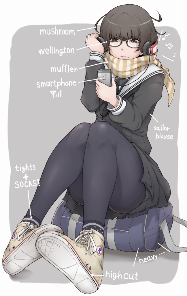1girl, bag, black_eyes, black_hair, black_legwear, cellphone, english, glasses
