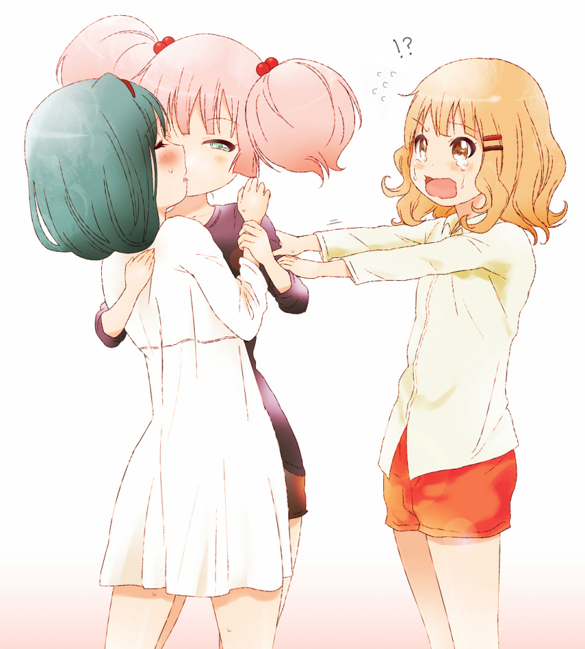 !?, 3girls, aqua_eyes, arm_grab, baka_neko, blonde_hair, blue_hair, brown_eyes