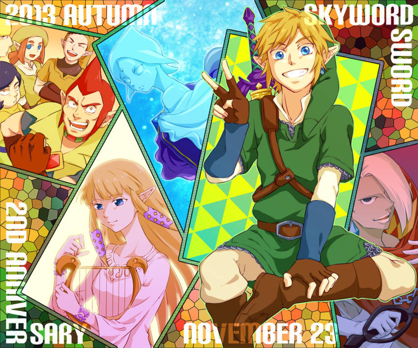 belt, blonde_hair, blue_eyes, bracelet, brown_hair, cawlin, earrings, fi, ghirahim, gloves, grin, groose, harp, hat, instrument, jewelry, karane, link, long_hair, nintendo, pipit, pointy_ears, princess_zelda, redhead, saiba_(henrietta), skyward_sword, smile, strich, sword, the_legend_of_zelda, v, weapon, white_hair