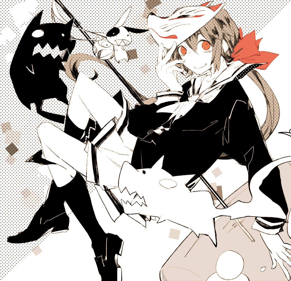 1girl, a_(kyousougiga), black_legwear, bow, hair_bow, hammer, koto_(kyousougiga), kyousougiga