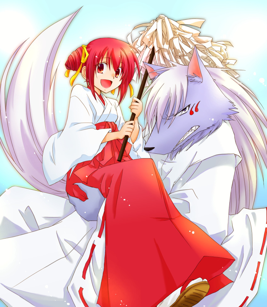 1boy, 1girl, animal, cosplay, crossover, gingitsune_(ochiai_sayuri), gintarou, gintarou_(cosplay), happy, highres, hoshizora_miyuki, japanese_clothes, kimono, kiri_koji, long_hair, looking_at_viewer, miko, pink_eyes, pink_hair, precure, saeki_makoto, saeki_makoto_(cosplay), sandals, smile, smile_precure!, tagme, twintails, wolfrun