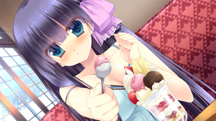 1girl, blue_eyes, blush, breasts, cleavage, dutch_angle, food, foreshortening