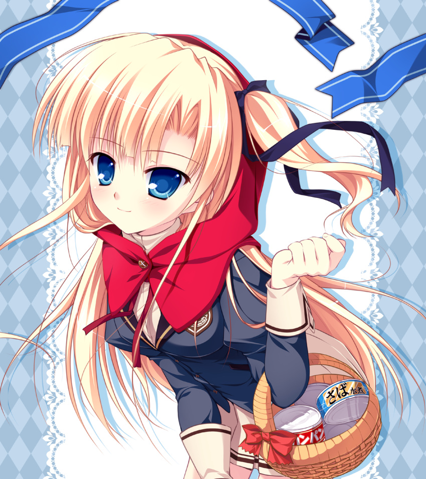 1girl, basket, blonde_hair, blue_eyes, canned_food, highres, hood, mikeou
