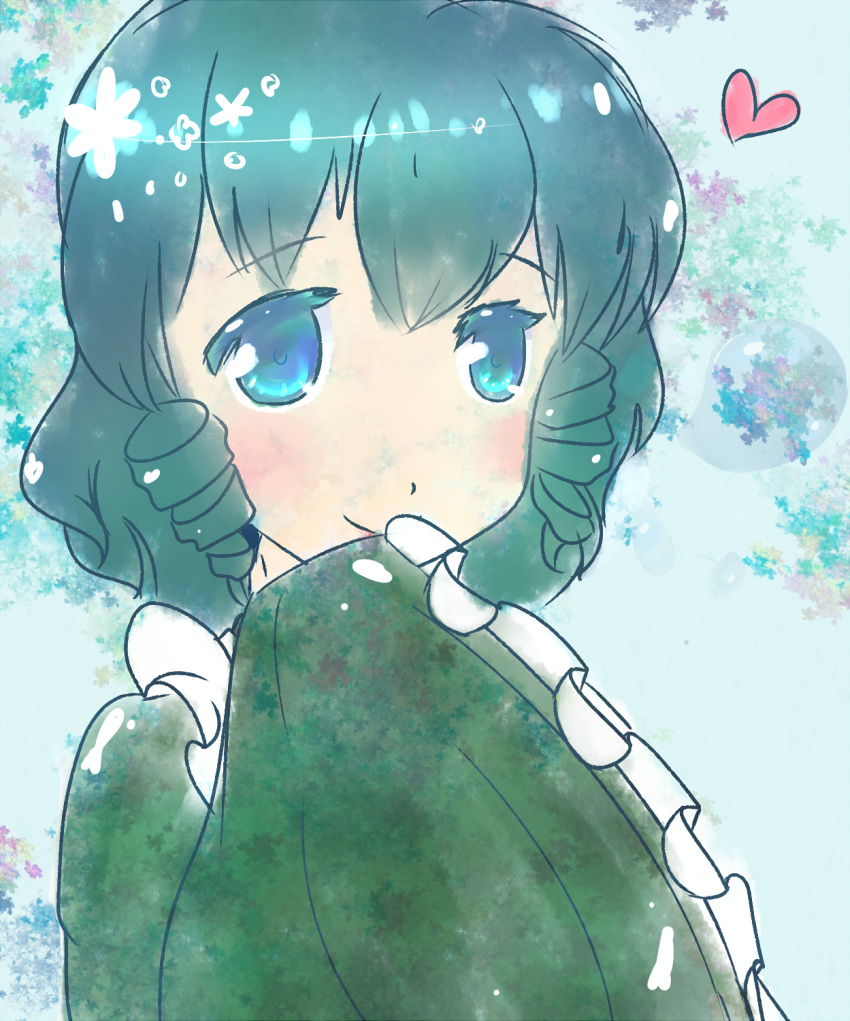 1girl, animal_ears, blue_eyes, blue_hair, blush, covering_mouth, drill_hair, head_fins, heart, highres, japanese_clothes, kimono, long_sleeves, mermaid, monster_girl, short_hair, simple_background, touhou, wakasagihime, wide_sleeves, yomuran