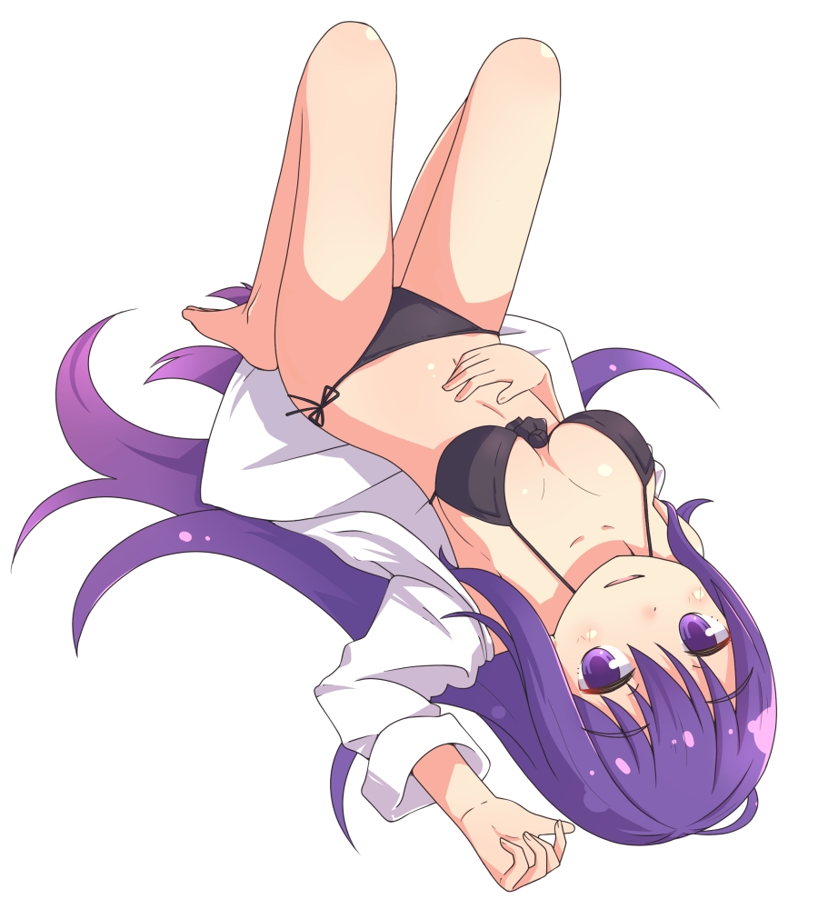 1girl, barefoot, bikini, black_bikini, blush, gj-bu, jito, long_hair, looking_at_viewer, lying, on_back, open_clothes, open_mouth, open_shirt, purple_hair, side-tie_bikini, smile, solo, sumeragi_shion, swimsuit, upside-down, very_long_hair, violet_eyes